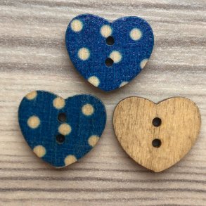 Tr Knap Hjerte i Bl med Hvide Prikker - 17 mm