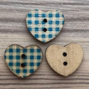 Tr Knap Hjerte i Bl med Hvide Tern - 17 mm