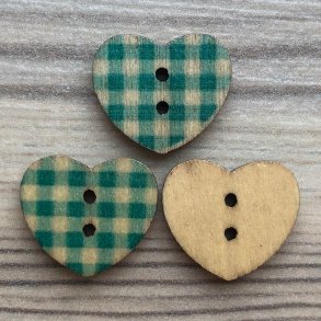 Tr Knap Hjerte i Blgrn med Hvide Tern - 17 mm