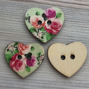 Tr Knap Hjerte med Mnster - 25 mm